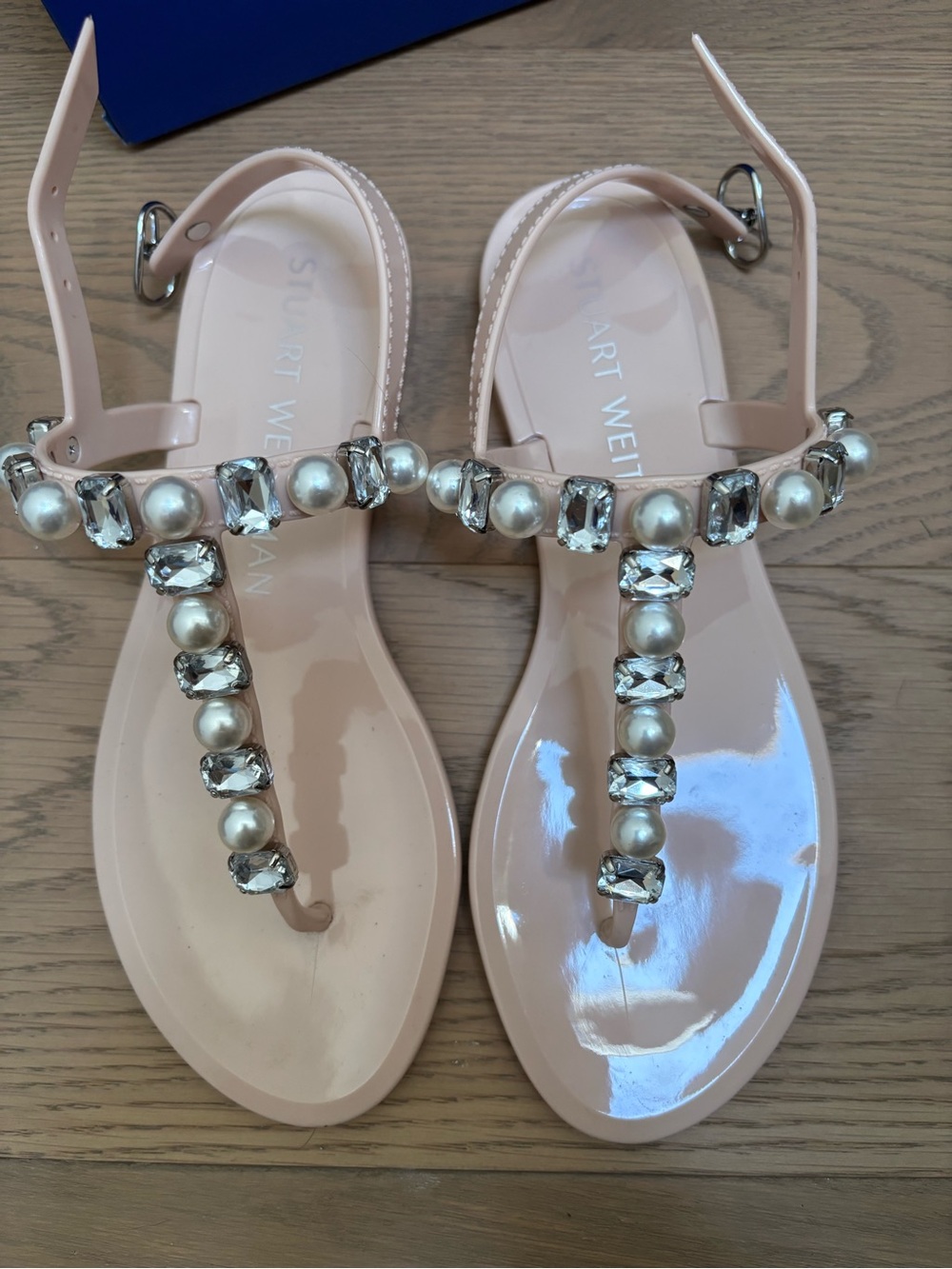 Stuart Weitzman Blush Pearl & Crystal T-Strap Jelly Sandals - Picture 2 of 7